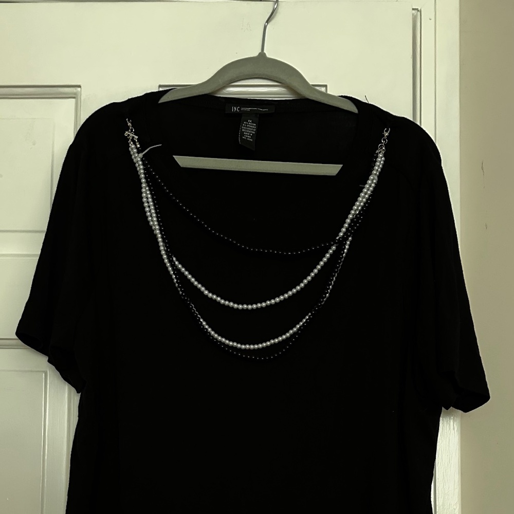 INC Black Top with Pearl & Bead Chain Detail – Size XL